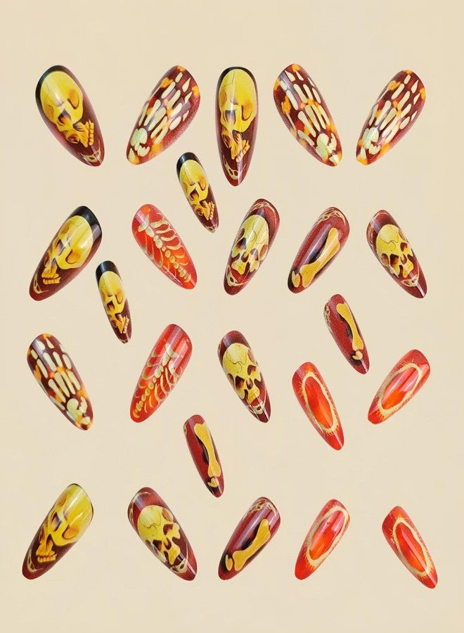 OCOUYVD Halloween Press-on Nails Brown Glossy Fake Nails Gothic Skull Hand Bone Design Full Cover Acrylic Nails Short Almond Shaped False Nails for Women 24 Pcs - Image 2